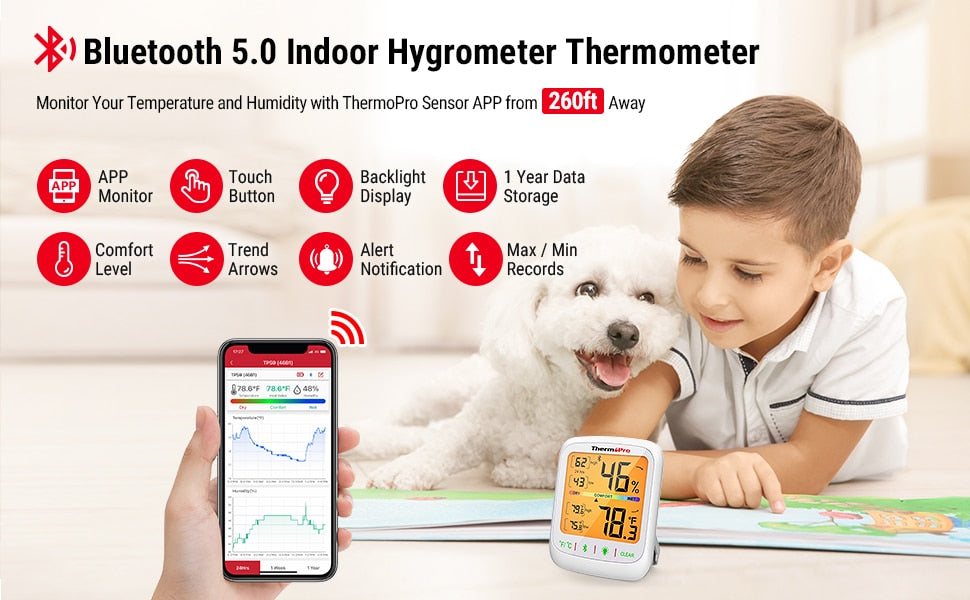 ThermoPro TP359 Wireless 80M Bluetooth-Conected Phone APP Backlight Digital Indoor  Room Thermometer Hygtometer With History Data